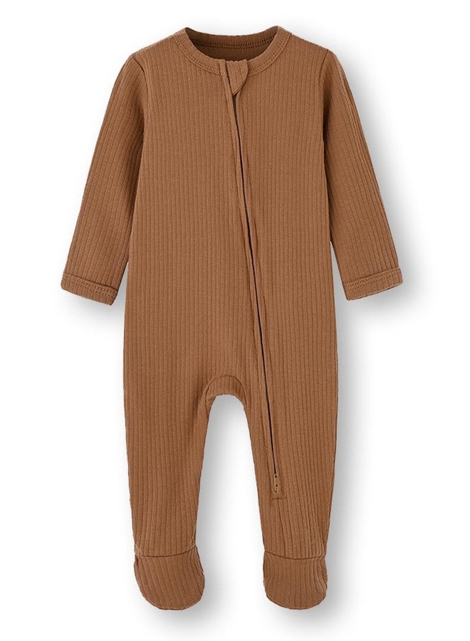 بيجامات أطفال للجنسين، بيجامات نوم للأطفال بسحاب ثنائي الاتجاه مع أساور على شكل قفازات - بيجامات قطنية بأكمام طويلة وسحاب للأطفال للنوم واللعب (لون قهوة، من 0 إلى 3 أشهر) - Image 1